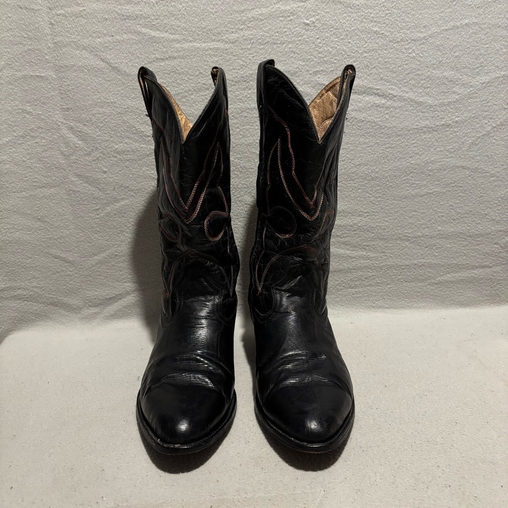 Vintage Black Leather Mens Western Cowboy Boots Genuine Leather Pointed Toe